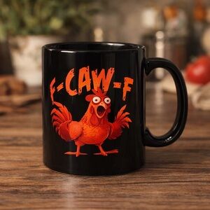 NEW 🖤 Funny Chicken “F-CAW-F” Graphic Mug | Black Novelty Coffee Cup